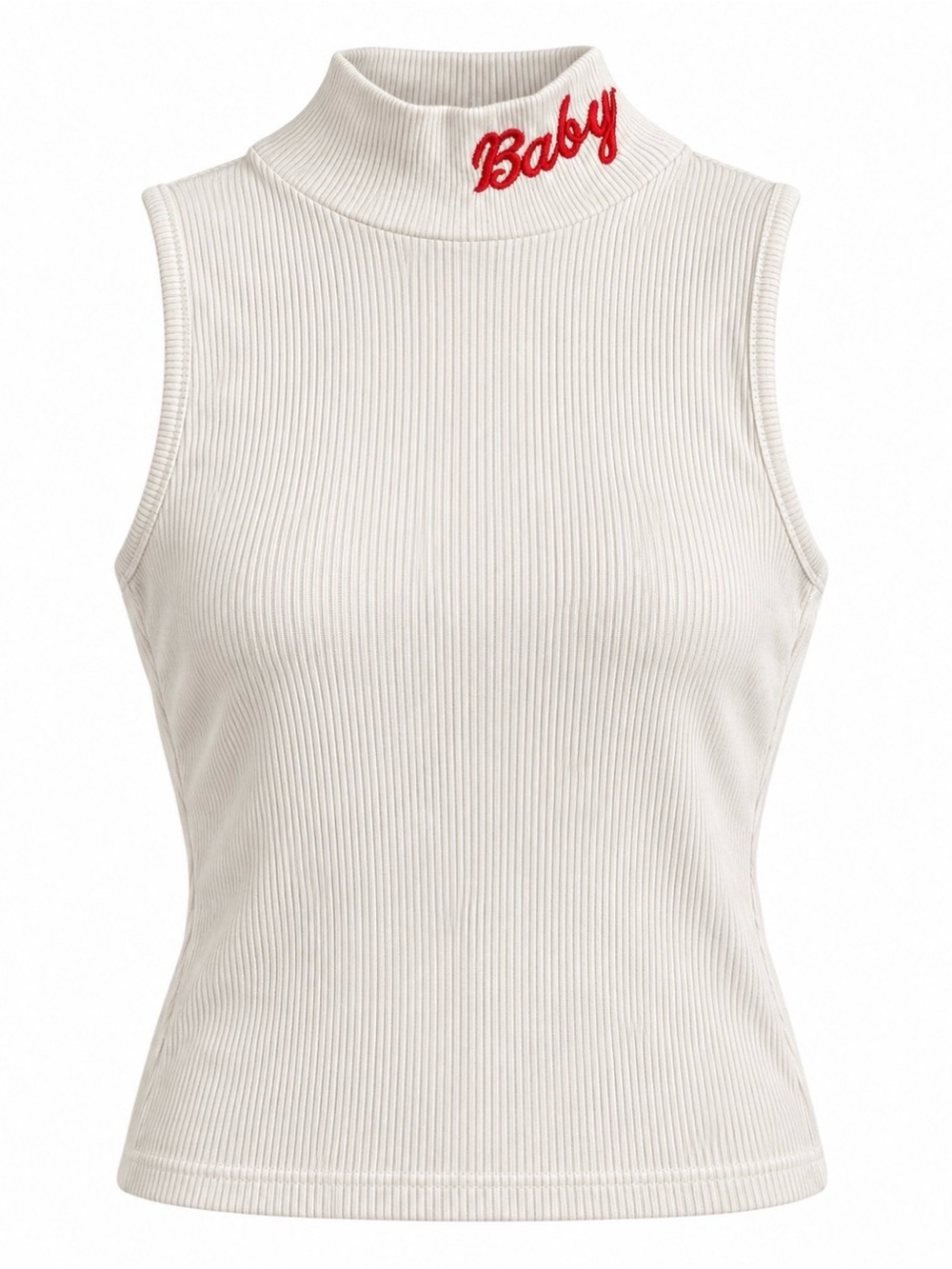 Sleeveless White Ribbed Mock Neck Tank with Red 'Baby' Embroidery